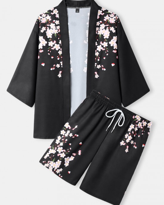 Mens Floral Print Open Front Kimono Loose Two Pieces Outfits Mens Floral Print Open Front Kimono Loose Two Pieces Outfits