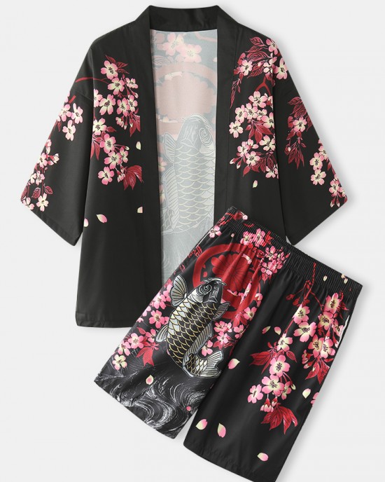 Mens Kimono Carp Flower Print Japanese Fish Elastic Waist Two Piece Outfits Mens Kimono Carp Flower Print Japanese Fish Elastic Waist Two Piece Outfits