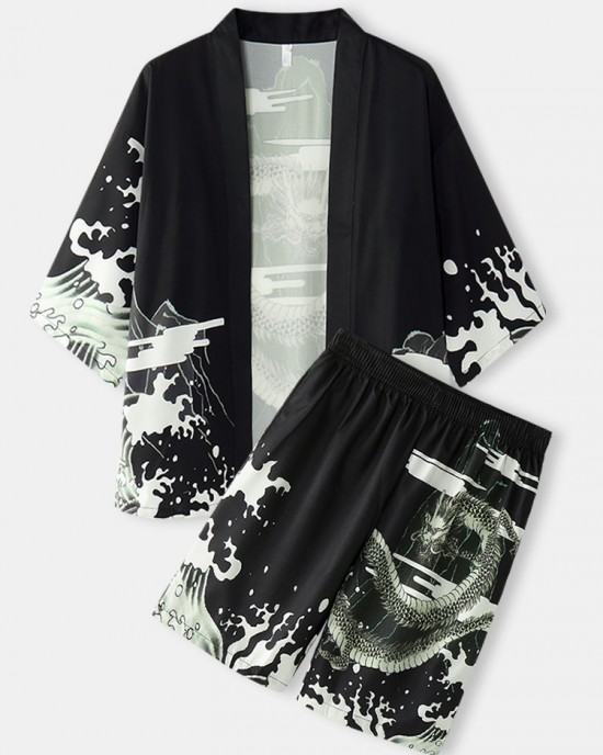 Mens Kimono Loong Pattern Chinoiserie Dragon Two Piece Outfits Mens Kimono Loong Pattern Chinoiserie Dragon Two Piece Outfits