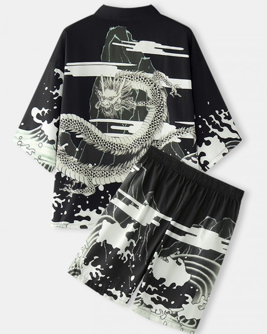 Mens Kimono Loong Pattern Chinoiserie Dragon Two Piece Outfits Mens Kimono Loong Pattern Chinoiserie Dragon Two Piece Outfits