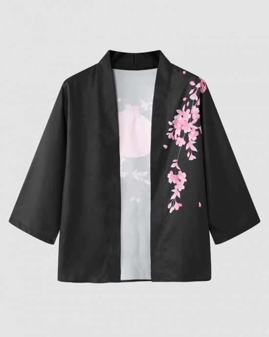 Mens Cherry Blossoms Letter Print Kimono Loose Two Pieces Outfits Mens Cherry Blossoms Letter Print Kimono Loose Two Pieces Outfits