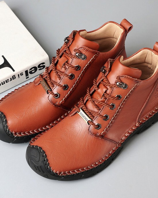 Men Pure Color Toe Protected Hand Stitching Leather Ankle Boots Men Pure Color Toe Protected Hand Stitching Leather Ankle Boots