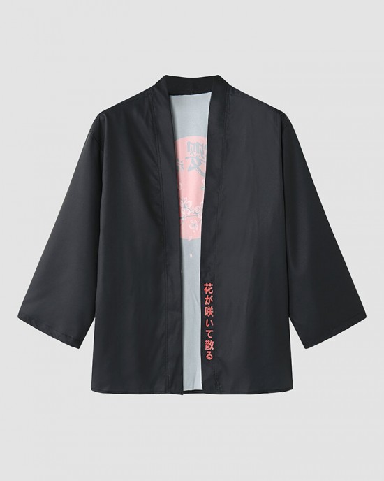 Mens Cherry Blossoms Character Back Print Kimono Loose Two Pieces Outfits Mens Cherry Blossoms Character Back Print Kimono Loose Two Pieces Outfits