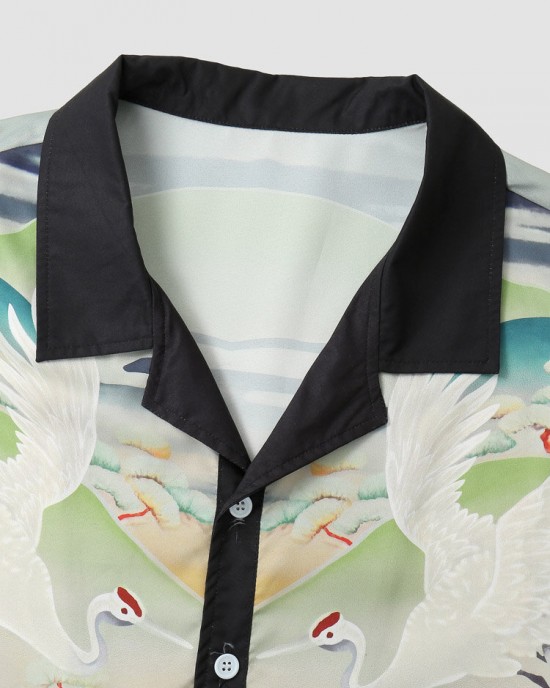 Mens Crane Landscape Print Contrast Trim Holiday Two Pieces Outfits Mens Crane Landscape Print Contrast Trim Holiday Two Pieces Outfits
