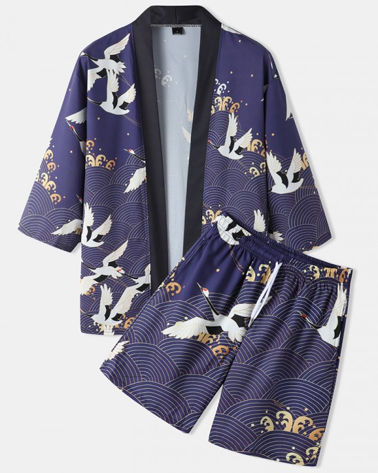 Mens Kimono Ethnic Style Crane Print Open Front Casual Two Pieces Outfits Mens Kimono Ethnic Style Crane Print Open Front Casual Two Pieces Outfits