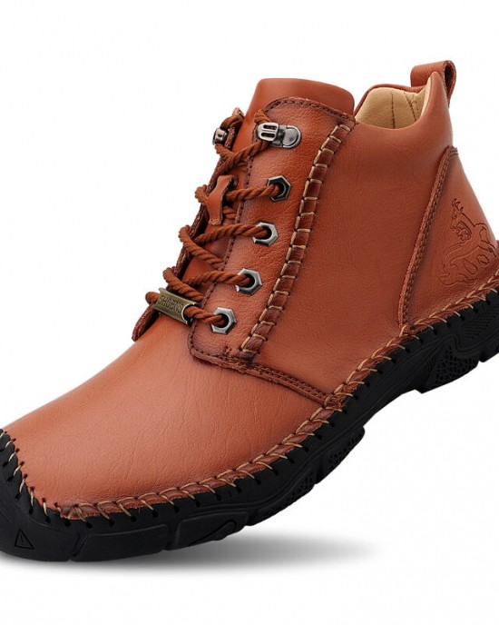 Men Pure Color Toe Protected Hand Stitching Leather Ankle Boots Men Pure Color Toe Protected Hand Stitching Leather Ankle Boots
