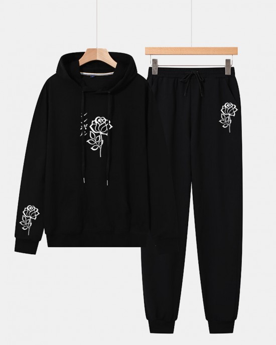 Men Flower Print Drawstring Hooded Long Sleeve Ankle Length Suits Men Flower Print Drawstring Hooded Long Sleeve Ankle Length Suits