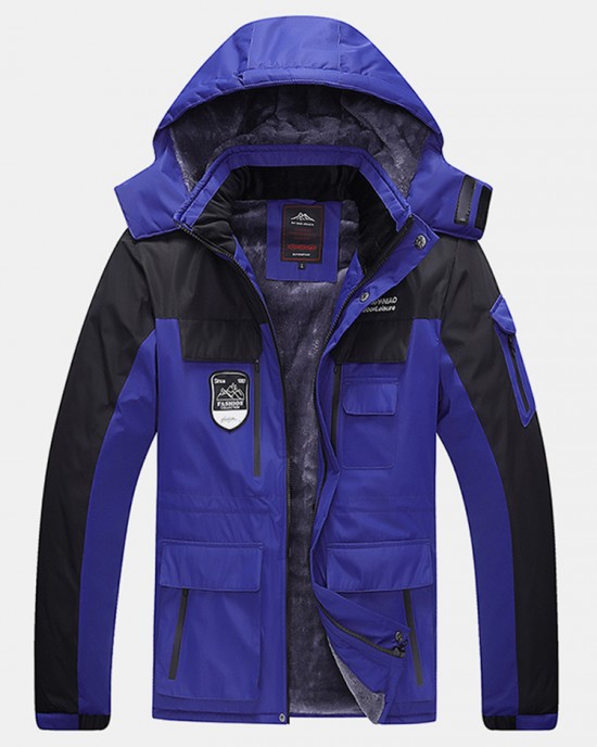 Mens Patchwork Windproof Warm Thick Fleece Lined Hooded Coats With Pocket Mens Patchwork Windproof Warm Thick Fleece Lined Hooded Coats With Pocket