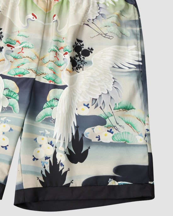 Mens Crane Landscape Print Contrast Trim Holiday Two Pieces Outfits Mens Crane Landscape Print Contrast Trim Holiday Two Pieces Outfits
