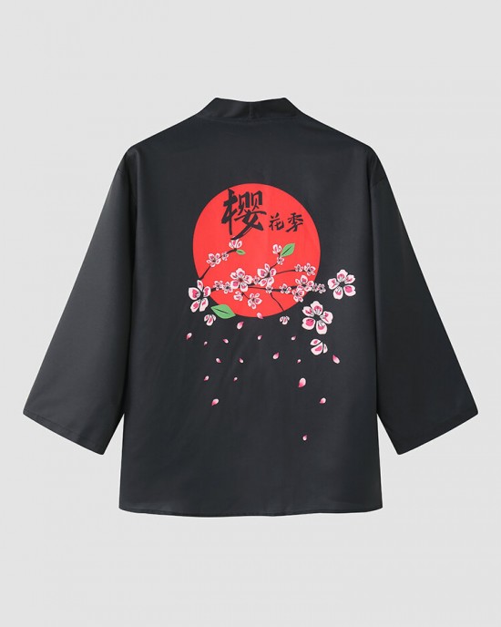 Mens Cherry Blossoms Character Back Print Kimono Loose Two Pieces Outfits Mens Cherry Blossoms Character Back Print Kimono Loose Two Pieces Outfits