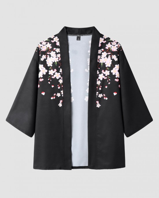 Mens Floral Print Open Front Kimono Loose Two Pieces Outfits Mens Floral Print Open Front Kimono Loose Two Pieces Outfits