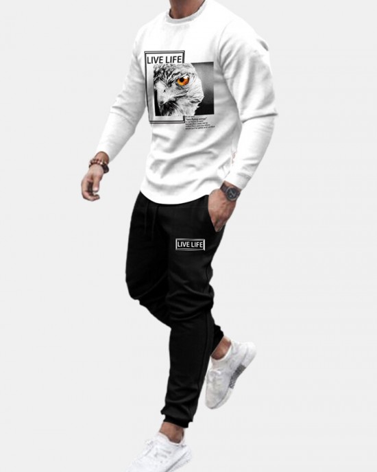 Men Owl Print Letter Round Neck Elastic Waist Ankle Length Casual Suits Men Owl Print Letter Round Neck Elastic Waist Ankle Length Casual Suits