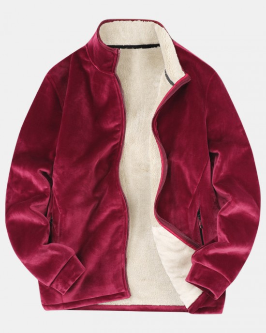 Mens Warm Velvet Stand Collar Sherpa Lined Long Sleeve Coats With Pocket Mens Warm Velvet Stand Collar Sherpa Lined Long Sleeve Coats With Pocket