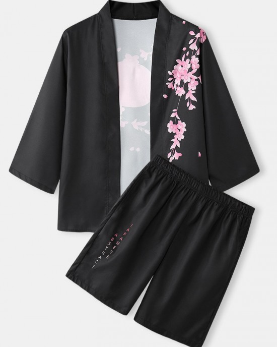 Mens Cherry Blossoms Letter Print Kimono Loose Two Pieces Outfits Mens Cherry Blossoms Letter Print Kimono Loose Two Pieces Outfits