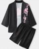 Mens Cherry Blossoms Letter Print Kimono Loose Two Pieces Outfits Mens Cherry Blossoms Letter Print Kimono Loose Two Pieces Outfits