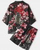 Mens Kimono Carp Flower Print Japanese Fish Elastic Waist Two Piece Outfits Mens Kimono Carp Flower Print Japanese Fish Elastic Waist Two Piece Outfits