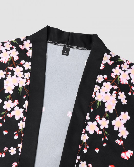 Mens Floral Print Open Front Kimono Loose Two Pieces Outfits Mens Floral Print Open Front Kimono Loose Two Pieces Outfits