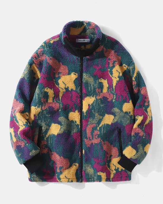 Men Polar Fleece Tie Dye Stand Collar Pockets Zip Cardigans Jacket Coat Men Polar Fleece Tie Dye Stand Collar Pockets Zip Cardigans Jacket Coat