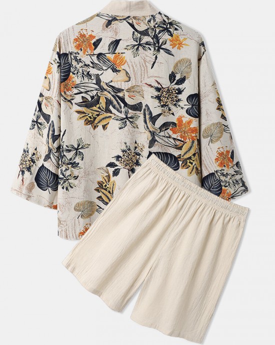 Mens Tropical Floral Print Kimono Holiday Two Pieces Outfits Mens Tropical Floral Print Kimono Holiday Two Pieces Outfits