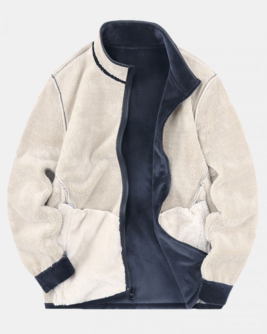 Mens Warm Velvet Stand Collar Sherpa Lined Long Sleeve Coats With Pocket Mens Warm Velvet Stand Collar Sherpa Lined Long Sleeve Coats With Pocket