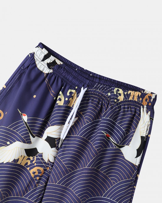 Mens Kimono Ethnic Style Crane Print Open Front Casual Two Pieces Outfits Mens Kimono Ethnic Style Crane Print Open Front Casual Two Pieces Outfits