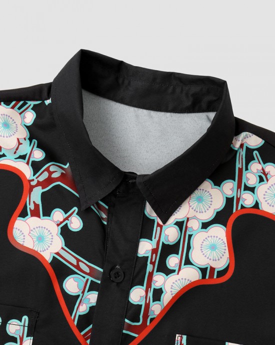 Mens Floral Print Double Pocket Button Up Holiday Two Pieces Outfits Mens Floral Print Double Pocket Button Up Holiday Two Pieces Outfits
