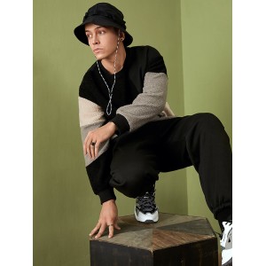 Men Teddy Color Block Patchwork Crew Neck Pullover Sweatshirts