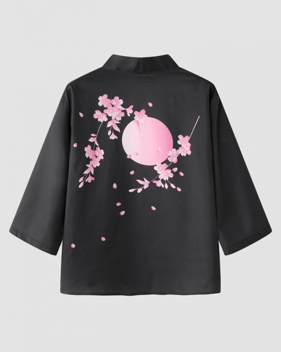 Mens Cherry Blossoms Letter Print Kimono Loose Two Pieces Outfits Mens Cherry Blossoms Letter Print Kimono Loose Two Pieces Outfits