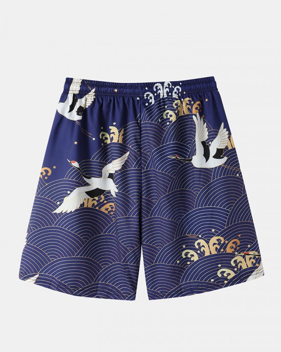 Mens Kimono Ethnic Style Crane Print Open Front Casual Two Pieces Outfits Mens Kimono Ethnic Style Crane Print Open Front Casual Two Pieces Outfits